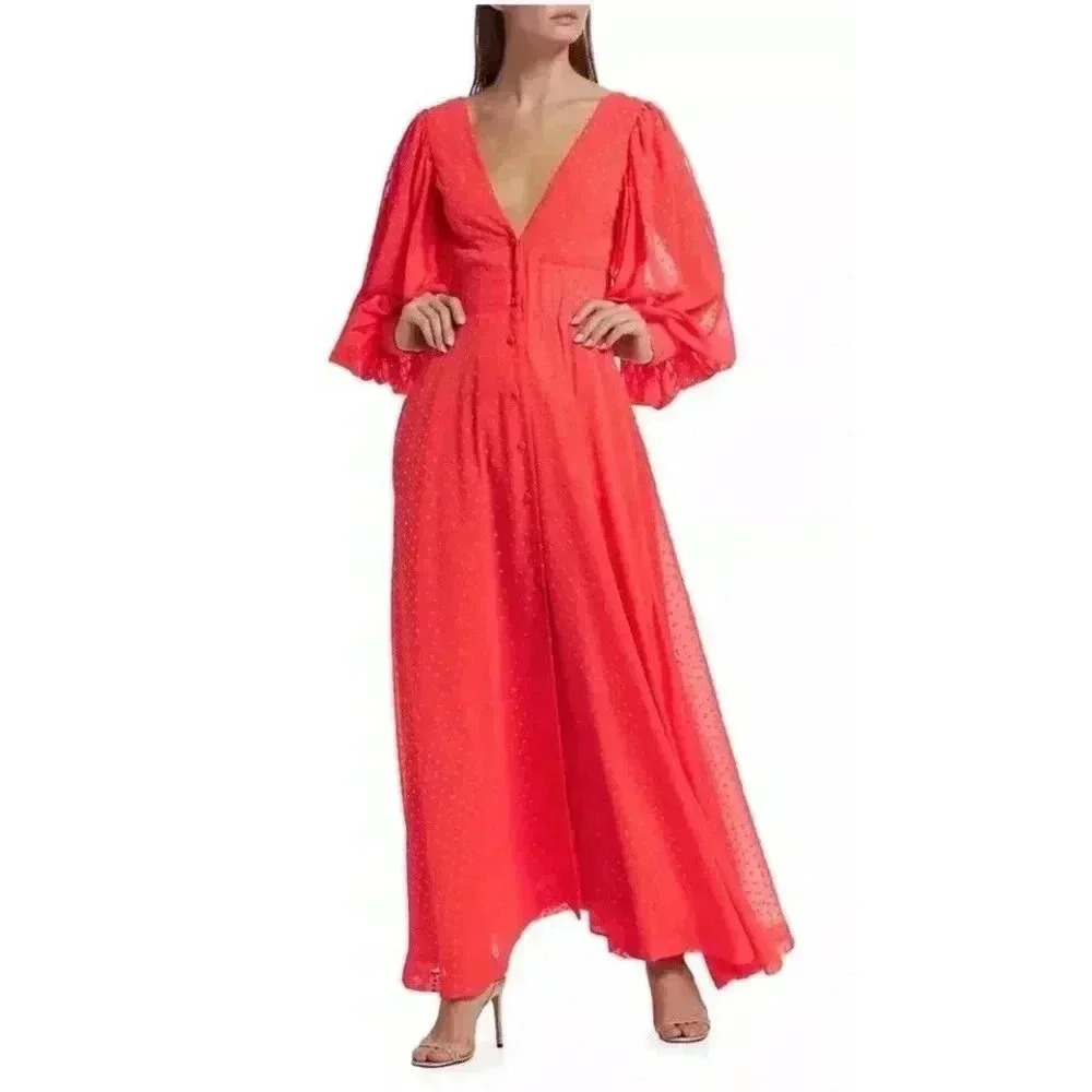 Kimberly Goldson Lesli Jacquard Maxi Dress Coral Gold V Neck Size Small